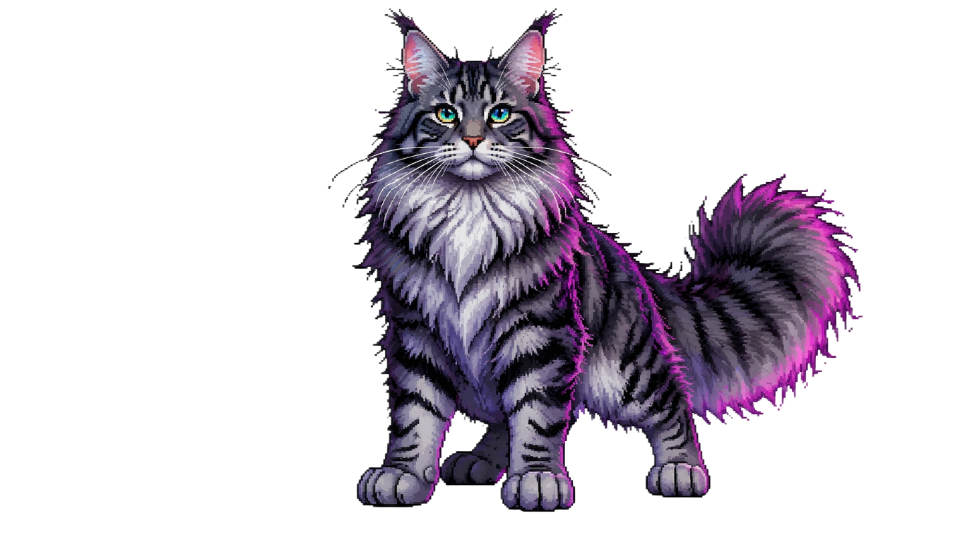 Pixel-art Maine Coon with bright turquoise eyes and a purple glow